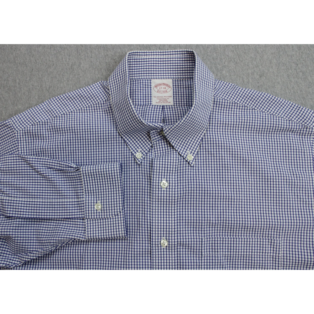 Brooks Brothers Shirt Mens 17 - 43 Check 100% Cotton Non Iron Traditional‎ Fit